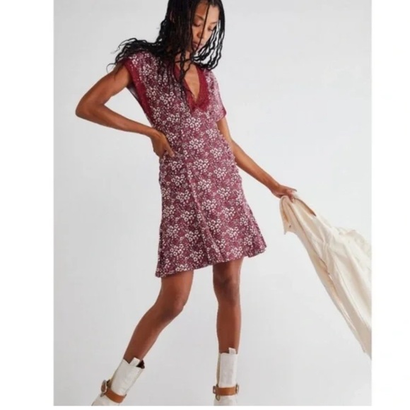 Free People Sweet Talker Red Mini Dress Floral Burgundy small sm - Picture 1 of 8